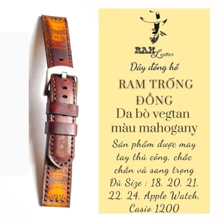 Dây Đồng Hồ Da Bò Handmade RAM Leather Italia Veg Màu Mahogany Trống Vàng 18mm, 20mm, 22mm, Casio 1200, iwatch AW