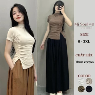 Áo Thun Cổ 3 Phân Cộc Tay Nữ Nhúm Sườn Xẻ Tà BigSize , Áo Cổ Leo Cộc Tay Xẻ Tà BigSize