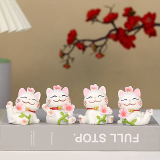 Set 4 Mèo Thần Tài Hồng Cầm Hoa Siêu Cute Trang Trí Taplo Ô Tô Bàn Làm Việc - Phụ Kiện Decor Xe Hơi Decoroto Cao Cấp