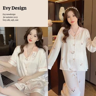 Bộ đồ ngủ nữ lụa xước cao cấp, bộ pyjama cộc tay họa tiết dễ thương hàng Quảng Châu BN027