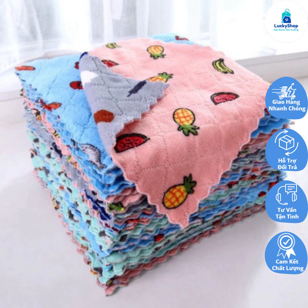 Set 10 Khăn Lau 2 Mặt Họa Tiết Hoa Quả 25x25cm Thấm Hút Nước