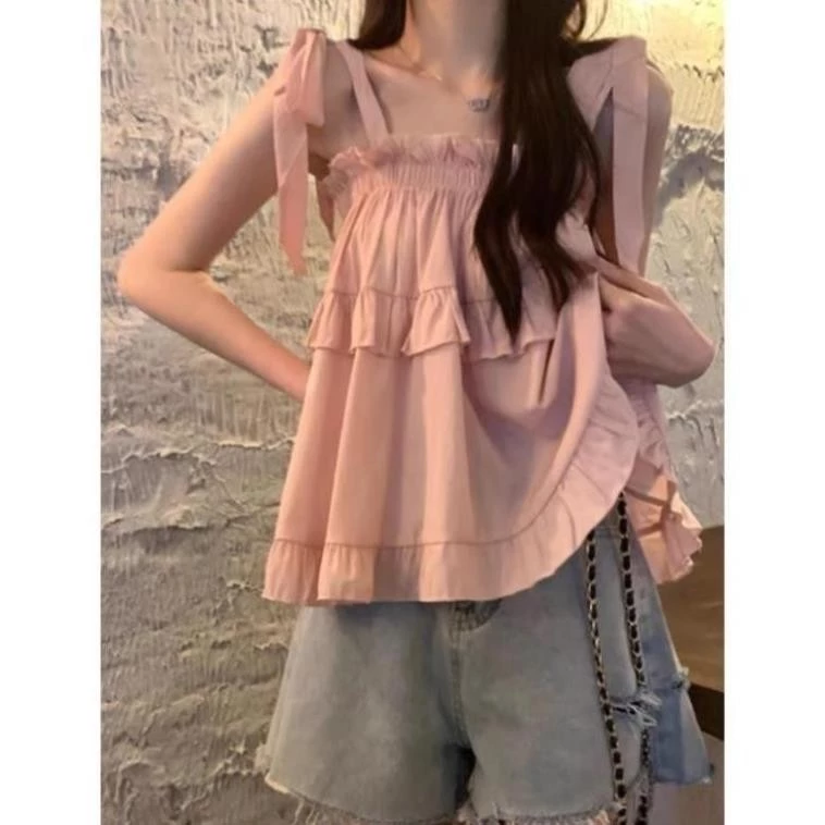 Áo babydoll buộc nơ vai phối viền bèo 4 màu pastel nữ tiểu thư hotgirl AO49