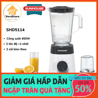 SIÊU RẺ-  Máy Xay Sinh Tố Sunhouse 2 Cối SHD-5114 - Công Suất 450W Dung Tích 1.5L Xay Đá, Rau Củ, Đồ Khô. Hàng Chính Hãn