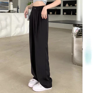 Quần ống rộng nữ lưng cao kiểu đứng culottes xếp ly vải chéo Ý thời thượng không nhăn