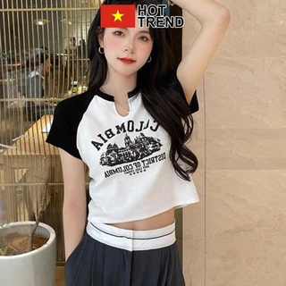 Áo croptop tay ngắn phối màu cổ khoét giọt lệ in chữ Colombia phong cách giưới trẻ hàn quốc điệu đà MEBEKIDS