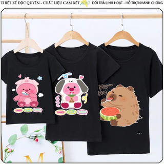 ÁO THUN UNISEX Pororo Loopy capybara PHÔNG ĐEN TAY NGẮN NAM NỮ TRẺ EM TRAI GÁI AOMIVN