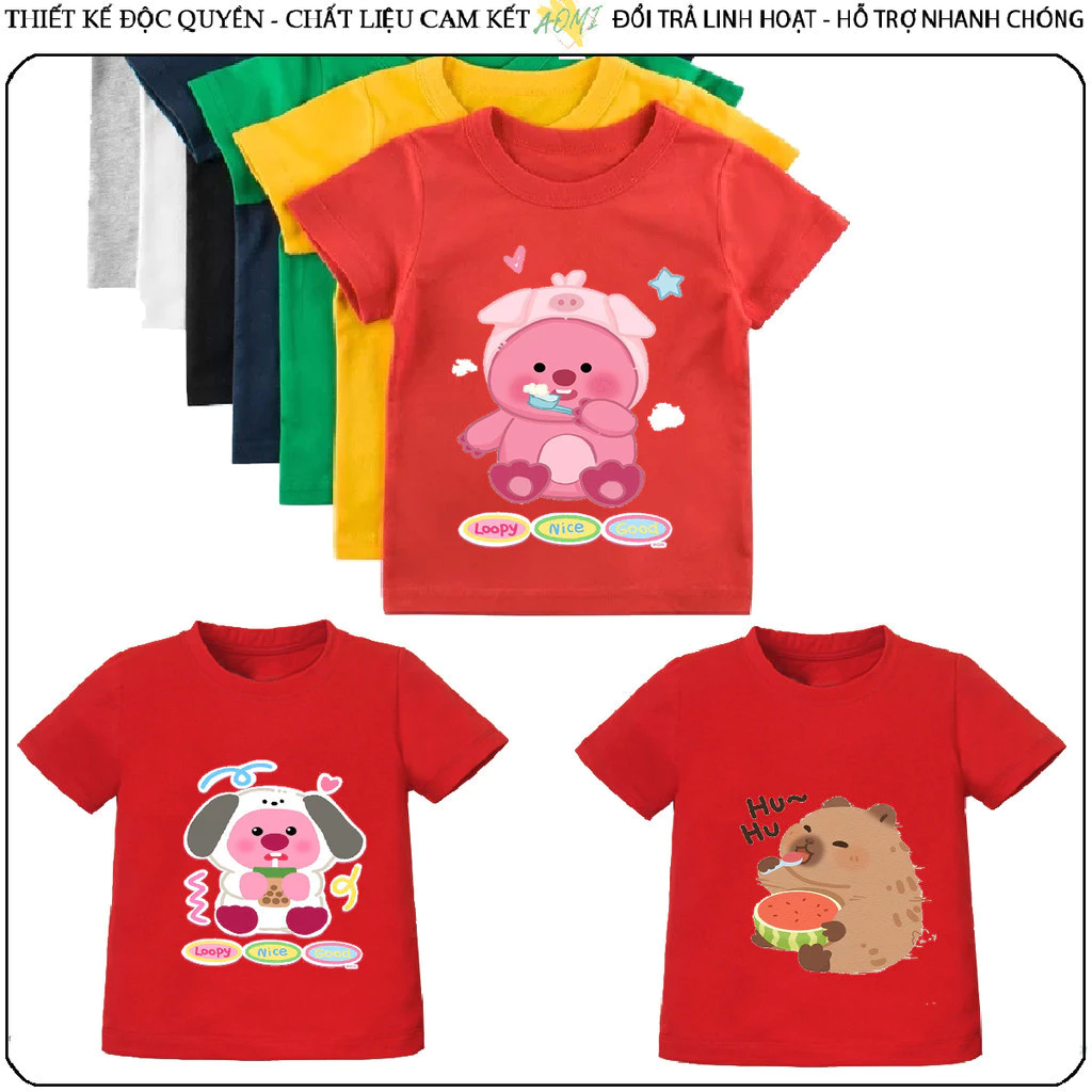 ÁO THUN UNISEX Pororo Loopy capybara PHÔNG Đỏ TAY NGẮN NAM NỮ TRẺ EM TRAI GÁI AOMIVN