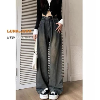 Quần jean nữ retro baggy CẠP CAO ống suông rộng LUNA, quần bò nam đen loang chất jeans cao cấp top xu hướng 2023