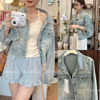 [AK8278] ÁO KHOÁC JEANS LỬNG RÁCH XANH NHẠT metwo.dearu - Áo khoác bò denim QC croptop dày dặn ulzzang Hàn Quốc