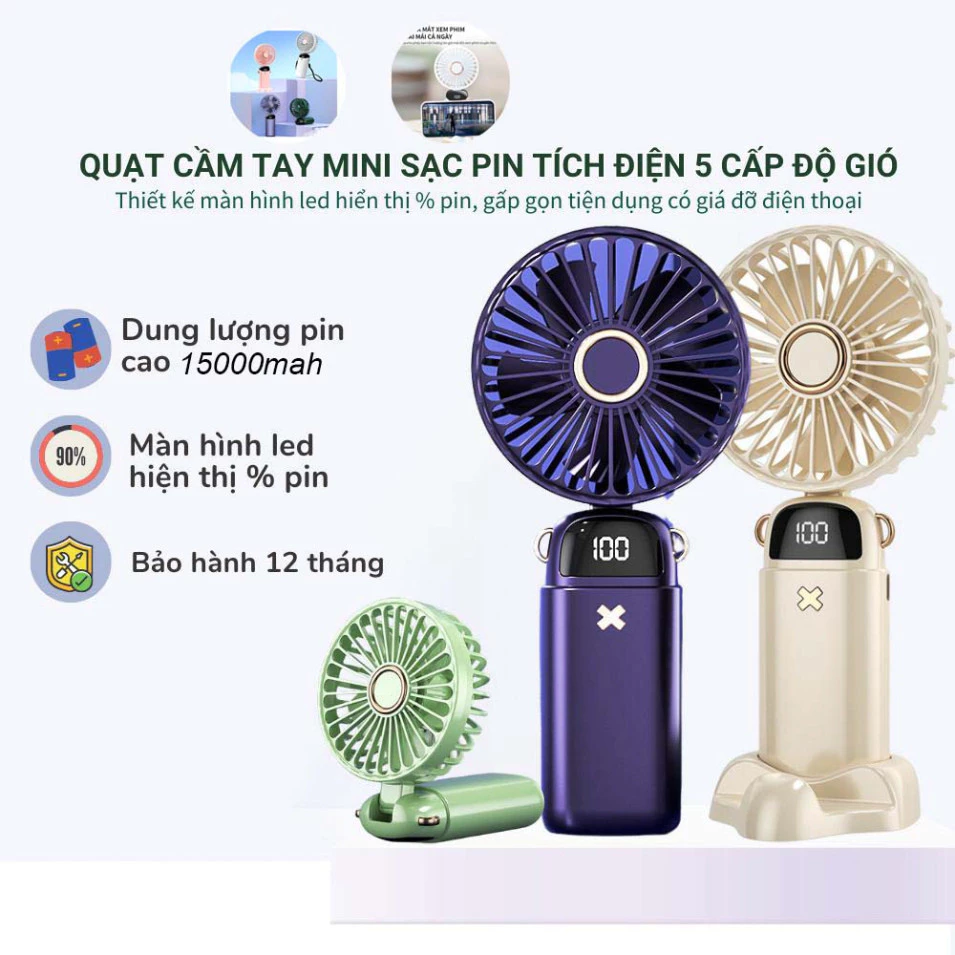 Quạt cầm tay tích điện dung lượng pin khủng 10.000 mAh cao nhất trên thị trường, quạt mini 5 tốc độ gió linh hoạt - QT5