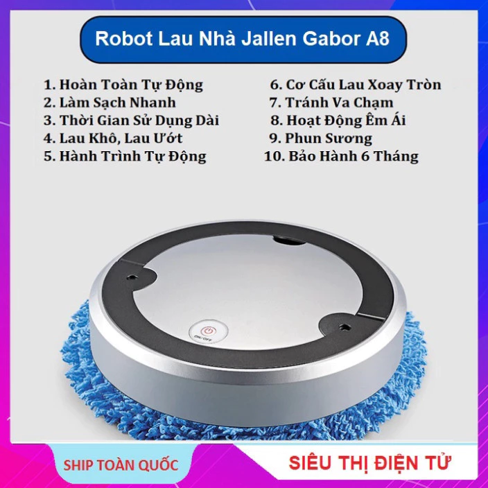 Robot Lau Nhà Jallen Gabor A8 Tự Động Lau Ướt Và Lau Khô - Máy Lau Nhà Khử Khuẩn Thông Minh - BH 24 thang