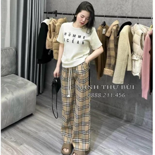 Quần BBR chất kẻ dạ siêu dày dặn, Quần Ống Rộng Nữ Chun Cạp Cao.WOMEN's Clothing