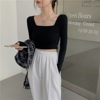 ✨✨Áo Croptop Tay Dài Cổ Vuông Màu Trơn Co Giãn Phong Cách Hàn Quốc 3 Màu Tùy Chọn