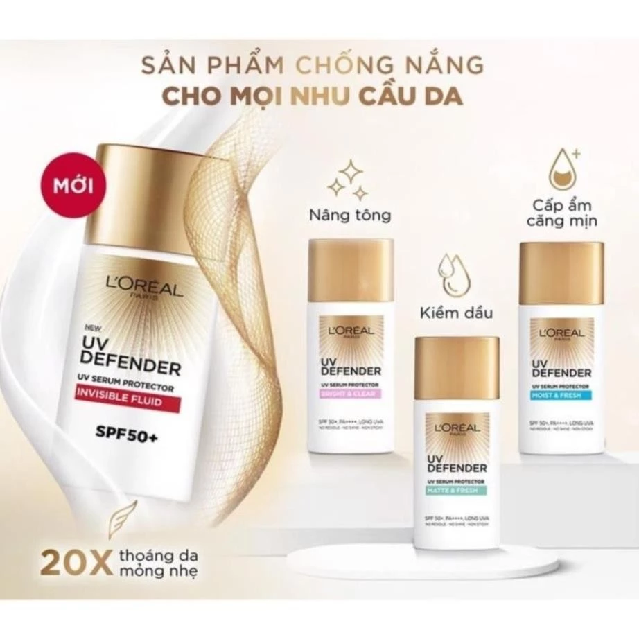 Kem chống nắng L'Oreal Paris UV Defender Serum x20 50ml SPF 50++ , Chống nắng siêu đỉnh , kiềm dầu , dành cho da dầu mụn