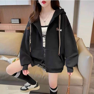 Áo Hoodie Zip, Áo Khoác Nữ In Thêu, Vải Nỉ Poli 2 Da Form Rộng Che nắng