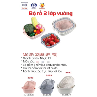 Bộ rổ vuông 2 lớp Việt Nhật (MS:3288/3289/3290) - Bộ rổ kèm chậu hứng nước rửa rau củ đựng hoa quả trái cây