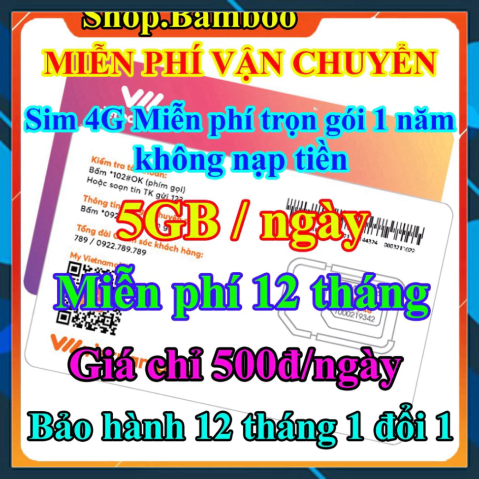 Sim 4G Trọn Gói 1 Năm - 5GB/ngày - Tốc Độ Cao với Giá Siêu Rẻ chỉ 500đ/ngày - Sim 4G Vietnamobile Miễn Phí 12 Tháng - hà