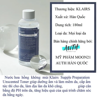 Nước hoa hồng Klairs  không mùi Toner Klairs phục hồi da mụn cấp ẩm dưỡng da trắng sáng 180ml -Bip68