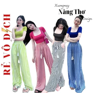 55Sét 2 Món Áo Croptop Cổ U Mix Quần Suông Sọc Dây Tua Rua Thời Trang Phong Cách Năng Động