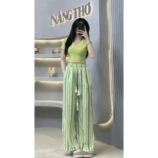 7Bán Nguyên Set Áo Cổ Tim Tay Ngắn Croptop+Quần Sọc Dài Chất Đũi Lênin Dày Dặn