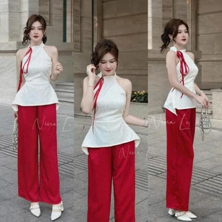 Set bộ nữ quần ống rộng cotton và áo gấm sát nách cổ tàu cột duy bặng sành điệu xinh xắn