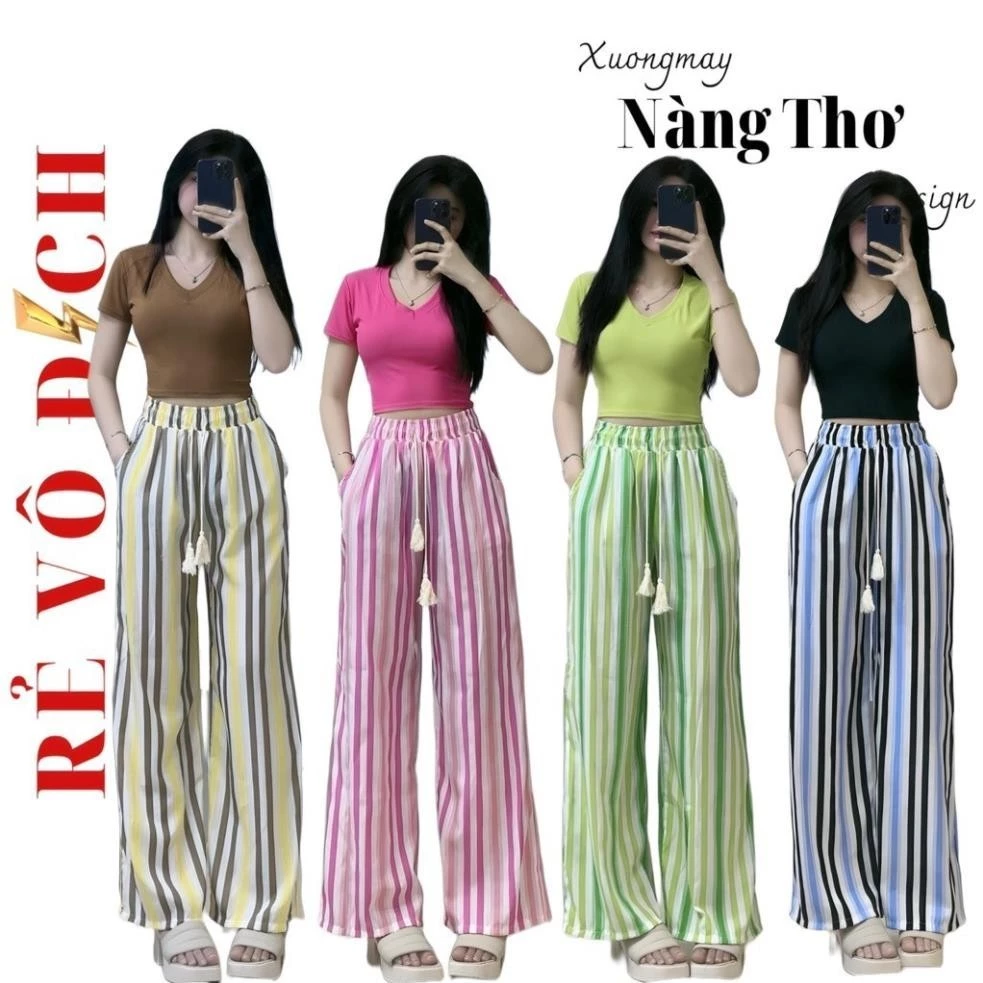 856 Bán Nguyên Set Áo Cổ Tim Tay Ngắn Croptop+Quần Sọc Dài Chất Đũi Lênin Dày Dặn