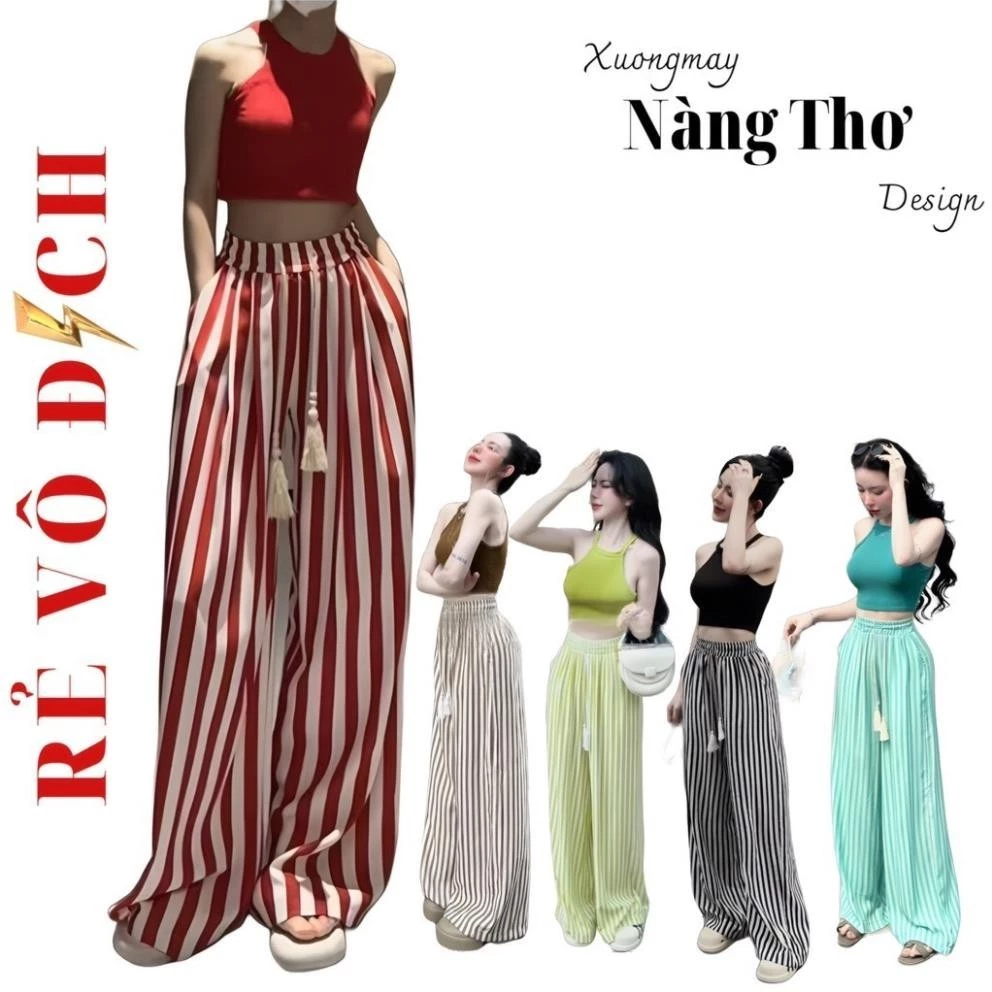 862 Set 2 Món Áo BaLo Thun Tă+Quần Ống Rộng Lưng Cao Hoạ Tiết Sọc Thời Trang Màu Hot