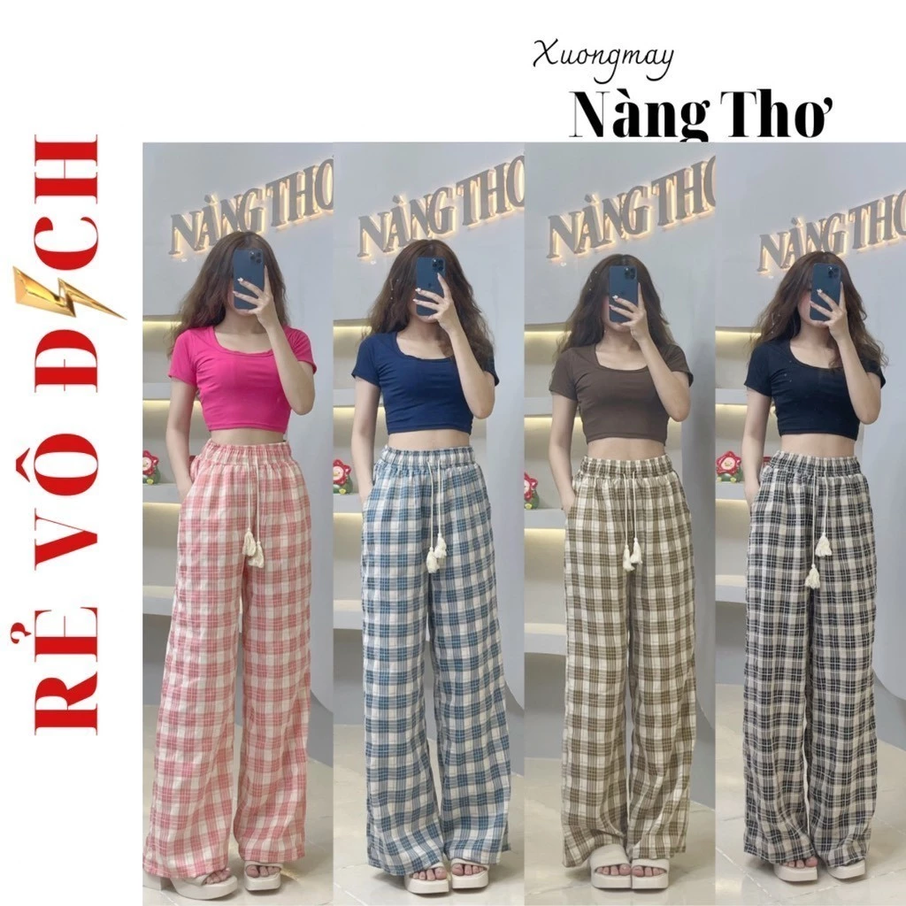 861 Set 2 Món Quần Chuẩn Dài 100cm Ống Rộng Lưng Cao Hoạ Tiết Sọc Thời Trang+Áo Cổ U Len Tăm Nữ Women