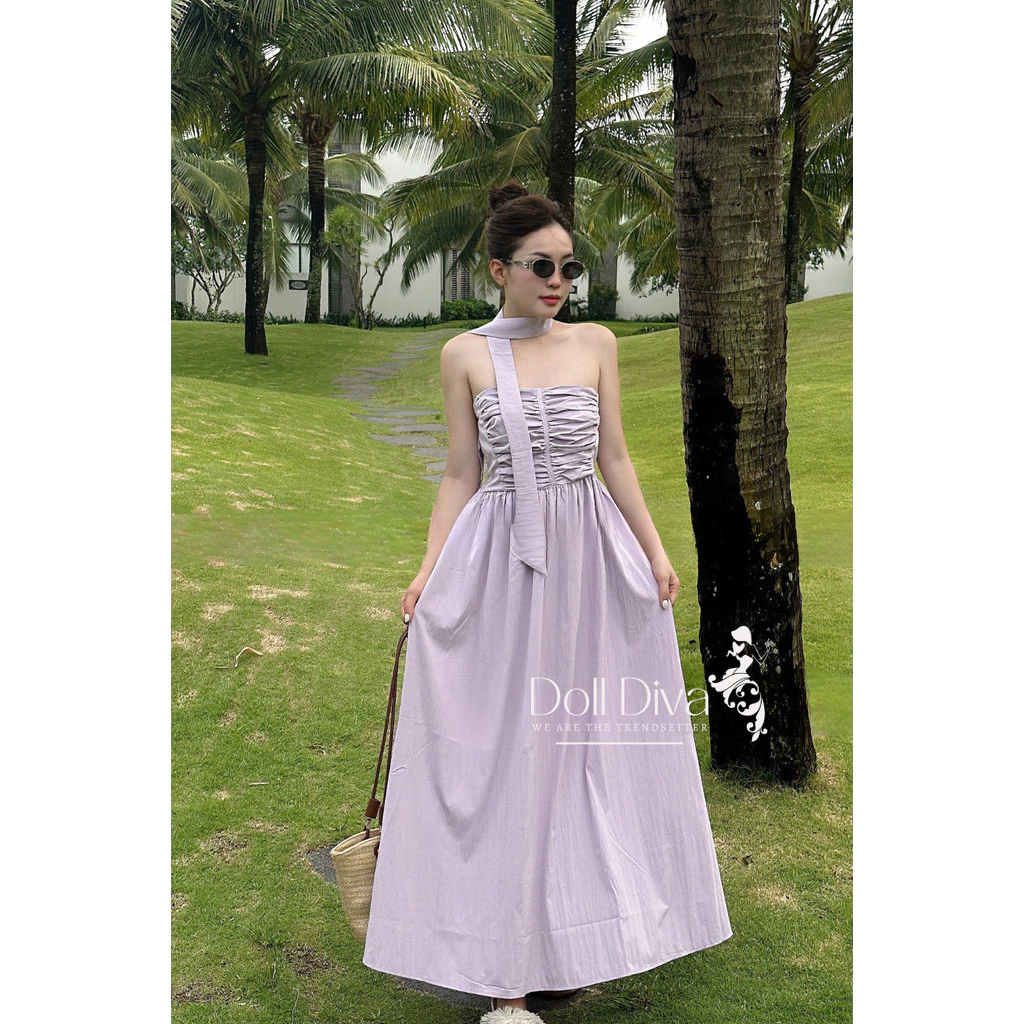 V60 Váy Maxi Biển Nhún Bèo Kèm Choker 2 Màu Doll Diva