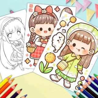 Bộ 50 Tờ Tranh Tô Màu Anime Chibi Bé Gái Cute Khổ A4, A5 - Đồ chơi giấy