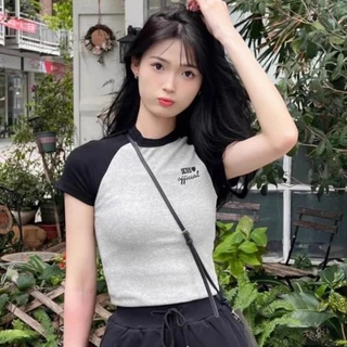 Áo croptop nữ tay ngắn cổ tròn chất thun gân co dãn, Áo thun croptop phối màu tôn dáng phong cách Hàn quốc A15