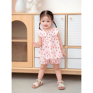 Bộ đồ cho bé gái hoạ tiết thỏ hồng chất thô cotton mềm mát