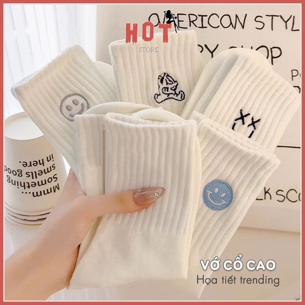 Tất vớ nam nữ trắng thêu họa tiết xinh xắn, chât liệu cotton co giãn 4 chiều - Hot Store