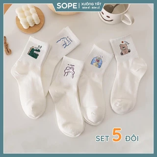 Tất vớ cổ cao trắng họa tiết đáng yêu, chất liệu vải cotton co giãn bốn chiều - Sope Shop