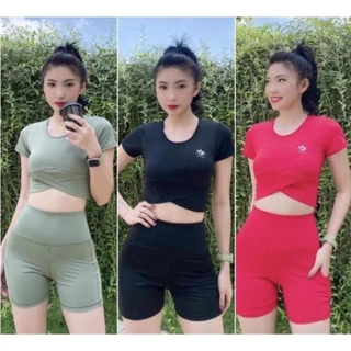 Bộ quần áo tập gym yoga nữ áo croptop có mút ngực quần legging lửng nâng mông đồ tập gym yoga nữ ( Bộ croptop đùi)