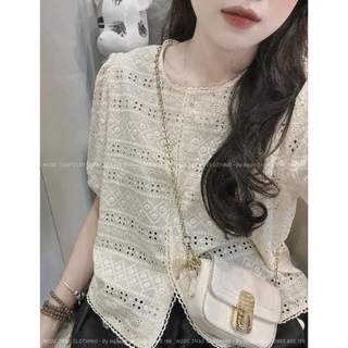 ÁO SƠ MI BABYDOLL CỔ TRÒN VÂN LỖ CỘC TAY metwo.dearu - Áo sơ mi QC thêu họa tiết cách điệu vintage ulzzang Hàn Quốc