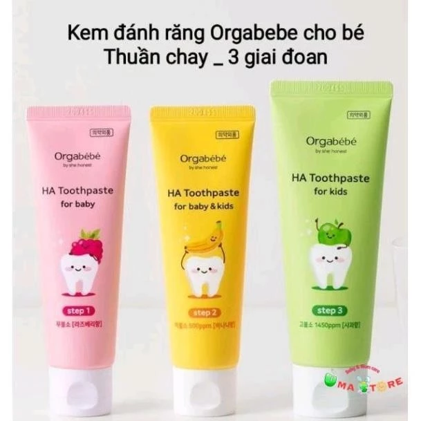 Kem đánh răng cho bé thuần chay Orgabebe Hàn quốc - 3 giai đoạn