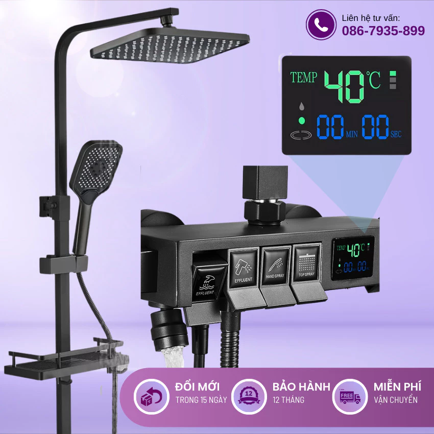 Bộ vòi hoa sen 4 nút bấm Hiển thị nhiệt độ qua màn hình LED thế hệ mới - Màu đen