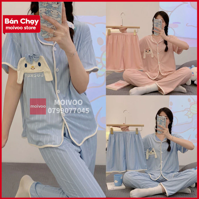 bộ ngủ nữ💖MOIVOO💖bộ ngủ nữ pijama BN21Nhiều Màu tặng thêm quần đùi họa tiết chú thỏ đeo nơ màu hồng MOIVOO211K200