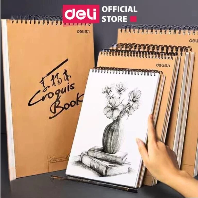 Sổ Phác Thảo Sketchbook  Deli - 80/120 Trang 100/110gsm Giấy Vẽ Chì Không Kị Tẩy Bìa Kraft Cứng Gáy Lò Xo Dọc/ Ngang