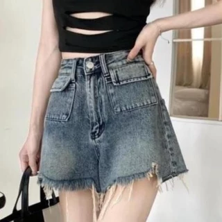 Quần Short Jeans Nữ , Quần Đùi Nữ Chất Liệu Denim Túi Hộp Tua Rua Gấu L018