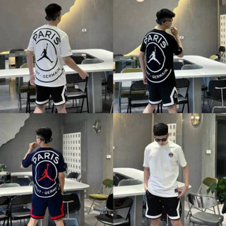 Bộ Đồ Nam Cộc Tay Mặc Hè JD In Chữ Paris Ngực Phối Logo PSG Tròn Loang Jumpman Sau Lưng Basic Cho Các Boy Phố Đi Biển