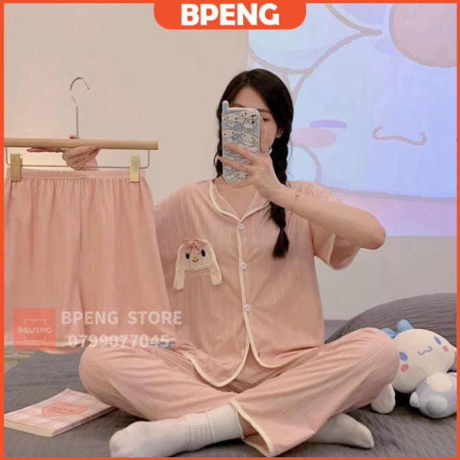 bộ ngủ nữ[SALE SẬP SÀN]bộ ngủ nữ pijama BN21 tặng thêm quần đùi họa tiết chú thỏ đeo nơ màu hồng BPENG211K20