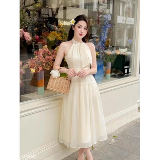 Đầm maxi dáng xòe cổ yếm nơ dài màu trắng màu nude chất voan tơ sang trọng dự tiệc D0874