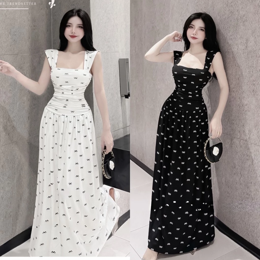 V64 Váy Thiết Kế Maxi In Hình Nơ Chất Tăm Hàn Mát Mịn Hai Màu Dolldiva