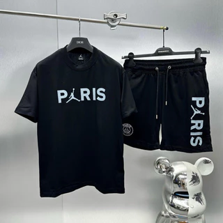 Bộ đồ nam cộc tay mặc hè JD in chữ Paris ngực phối logo PSG tròn loang sau lưng basic xu hướng thời trang mới