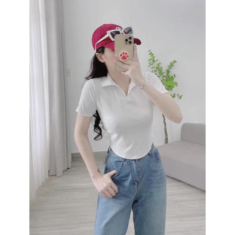 KFHSFHOWHFOWH Áo croptop polo bogắn Michi siêu tôn dáng, áo cổ Đức vạt bầu chất thun đẹp RHEHEHE