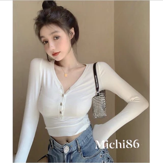 KFHSFHOWHFOWH Ái dáng ôm cúc đóng ngực Michi,áo croptop tay dài cổ tim RHEHEHE