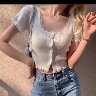 KFHSFHOWHFOWH Áo croptop viền  thun viền ren chất đẹp tay ngắn RHEHEHE