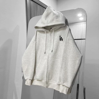 Áo hoodie zip nỉ nam nữ In LA áo khoác hoodie zip loại nỉ bông, form rộng vải dày dặn bền bỉ màu đen xám